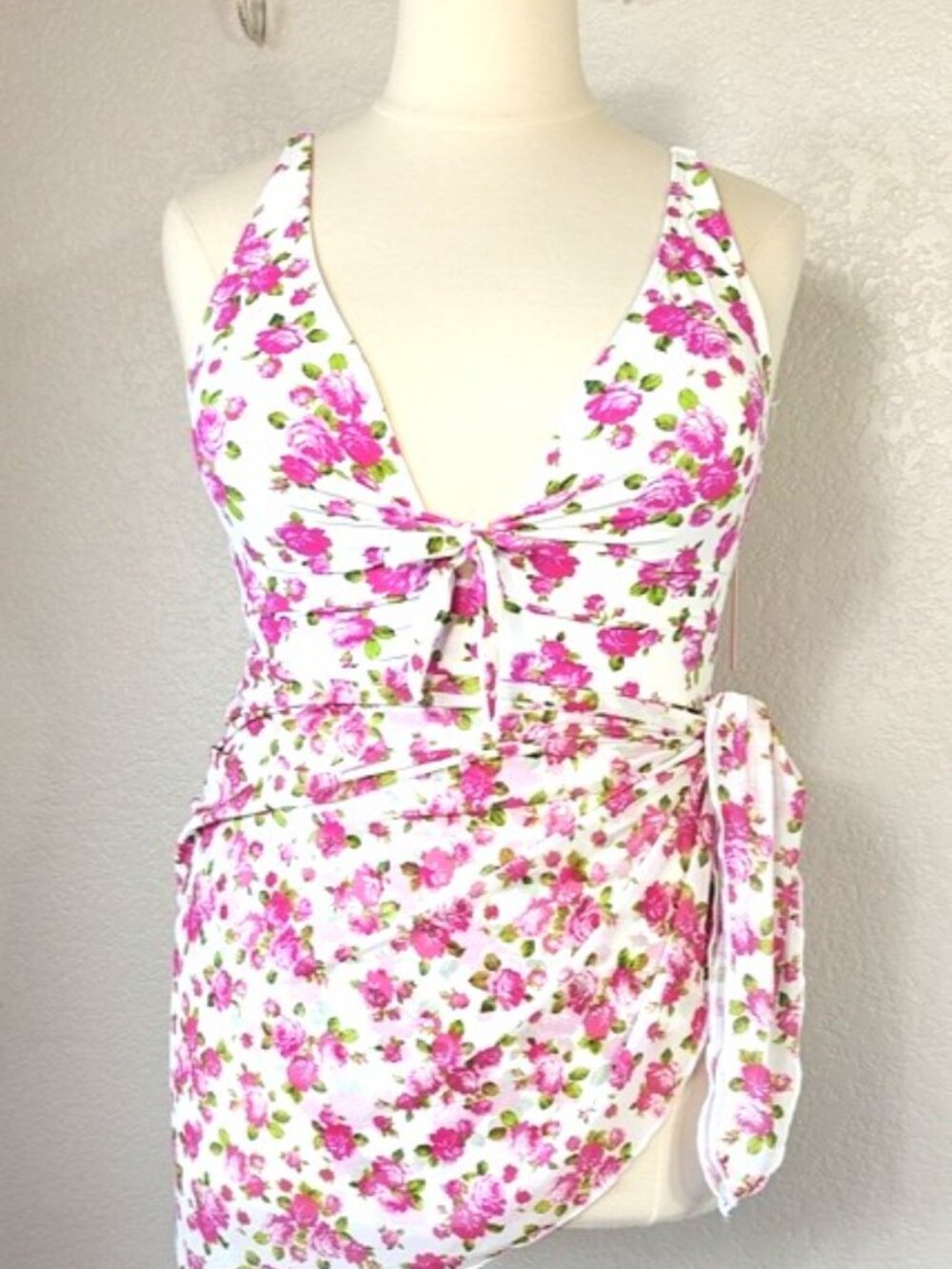Betsey Johnson 3X One Piece & Sarong White & Pink Floral Always Love Print